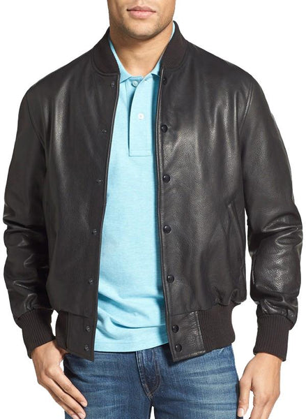 Super Buttoned Men Bomber Leather Jackets - Super Leather Wear