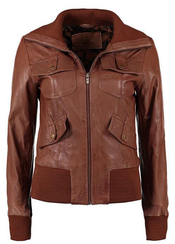Super Cognac Women Bomber Leather Jackets - Super Leather Wear