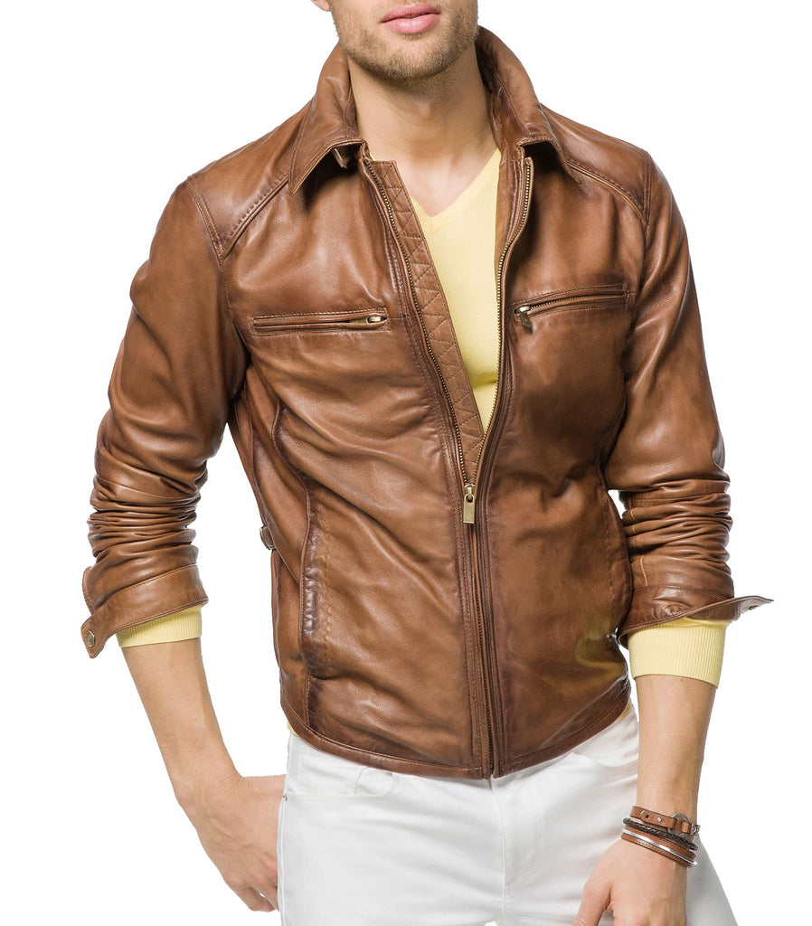 Super  Tan Brown Men Biker Leather Jackets - Super Leather Wear