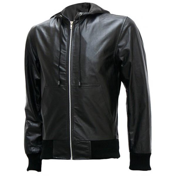 Super Exclusive Men's Black Bomber Leather Jacket with Hoodie - Super Leather Wear