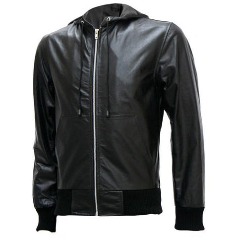 Super Exclusive Men's Black Bomber Leather Jacket with Hoodie - Super Leather Wear