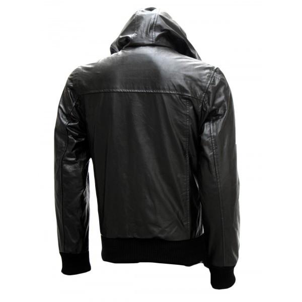 Super Exclusive Men's Black Bomber Leather Jacket with Hoodie - Super Leather Wear