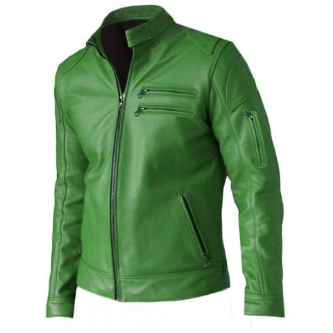 Super Regular Fit Part Wear Men Green Leather Jacket - Super Leather Wear